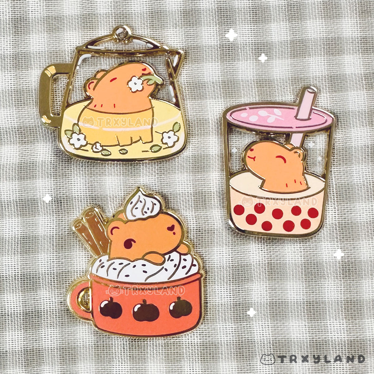 Cozy Capys Series SUPER Bundle - 3 Enamel Pins + Foil Stamp Washi Tape