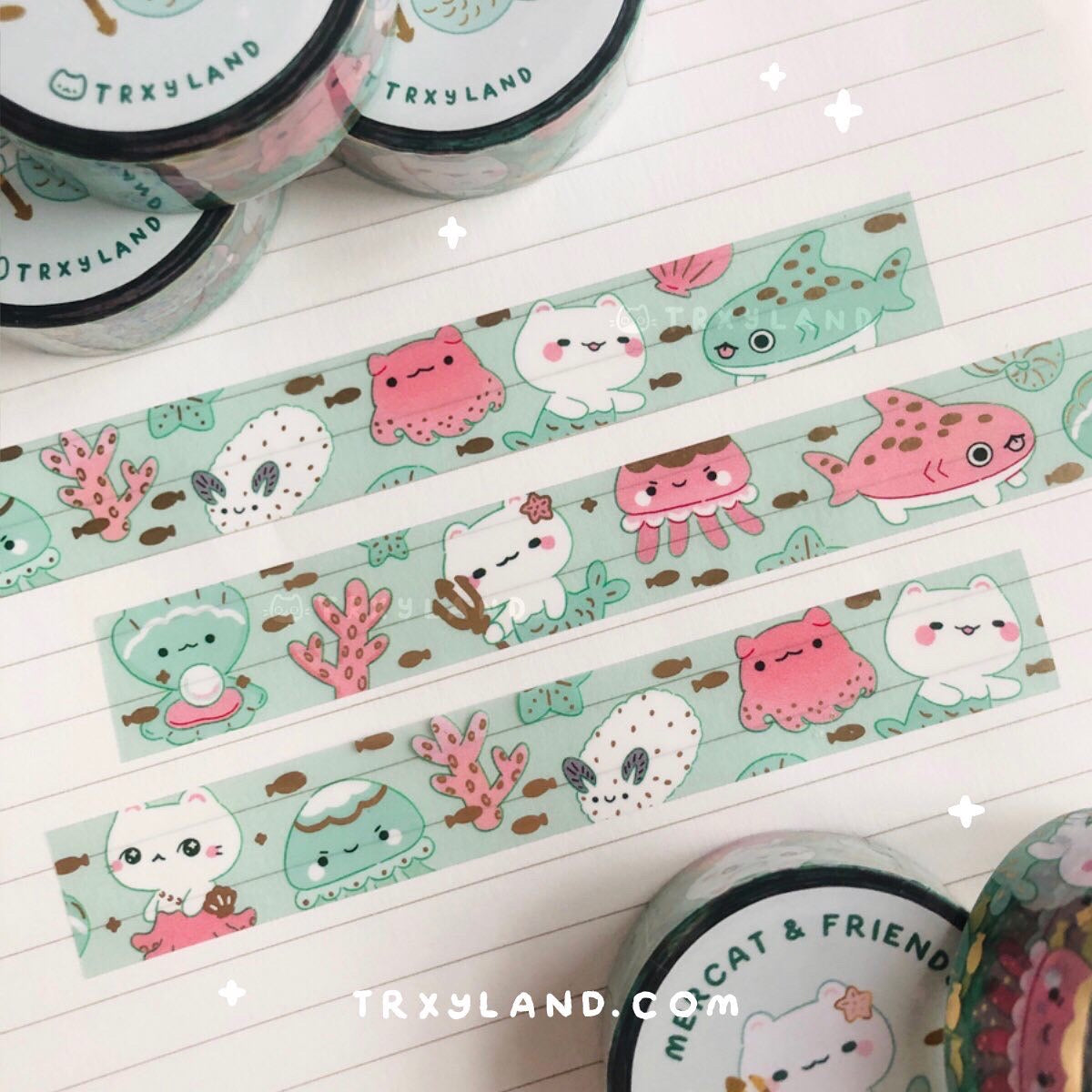 Mercat & Friends Series SUPER Bundle - 3 Enamel Pins + Clear Foil Washi