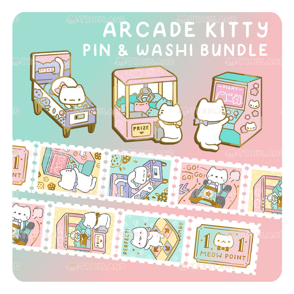 Arcade Kitty SUPER Bundle - 3 Enamel Pins + Stamp Washi
