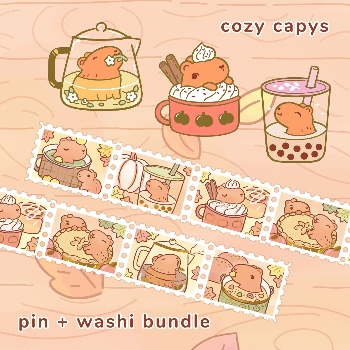 Cozy Capys Series SUPER Bundle - 3 Enamel Pins + Foil Stamp Washi Tape