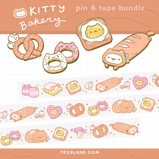 Kitty Bakery Series SUPER Bundle - 4 Enamel Pins + Clear Foil Washi