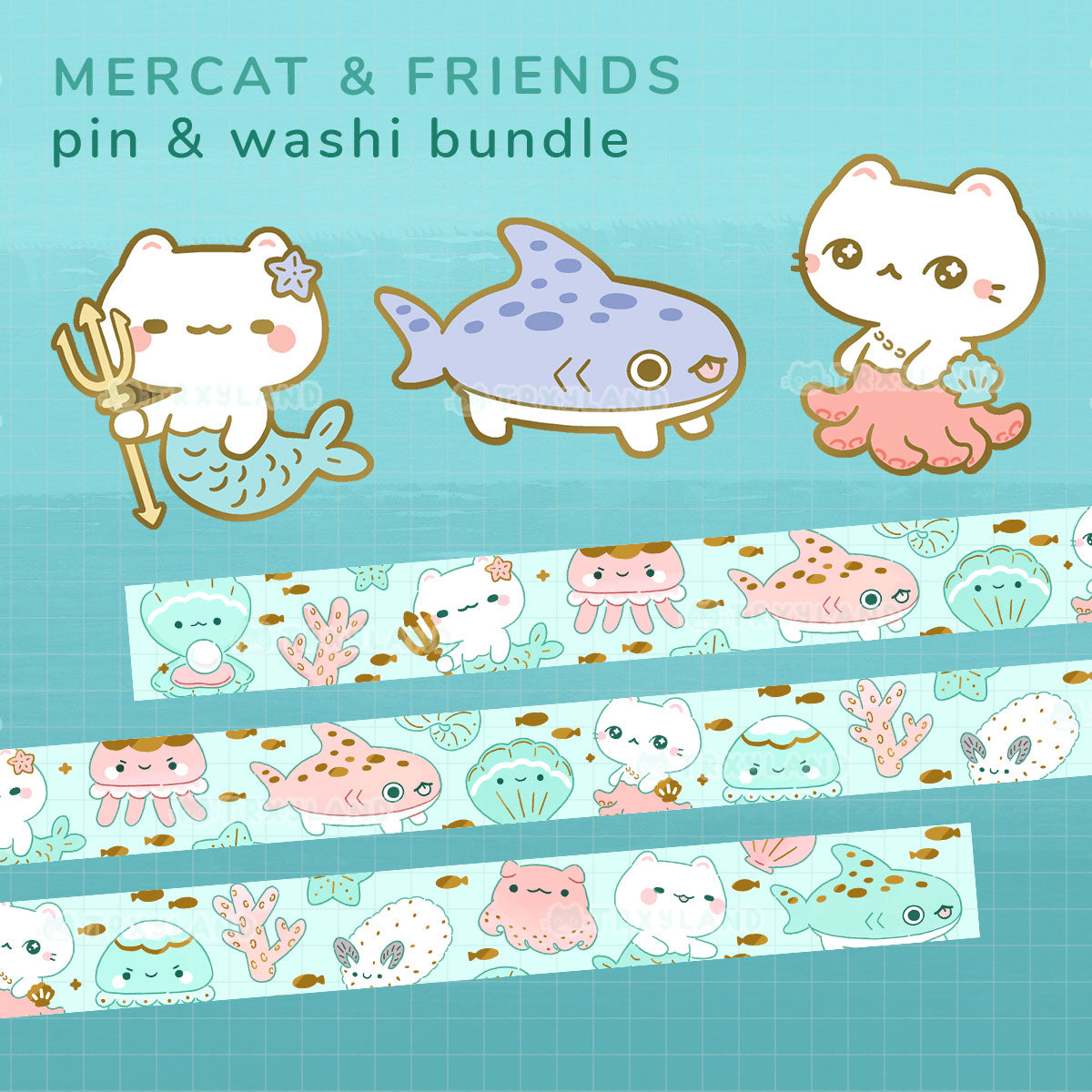 Mercat & Friends Series SUPER Bundle - 3 Enamel Pins + Clear Foil Washi