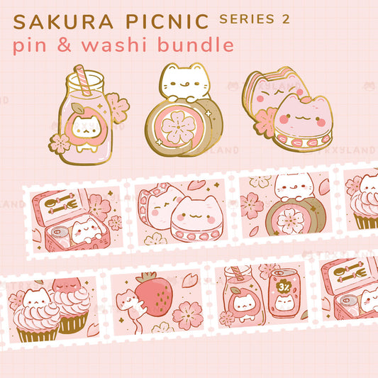 Sakura Picnic Series 2 SUPER Bundle - 3 Enamel Pins + Foil Stamp Washi Tape