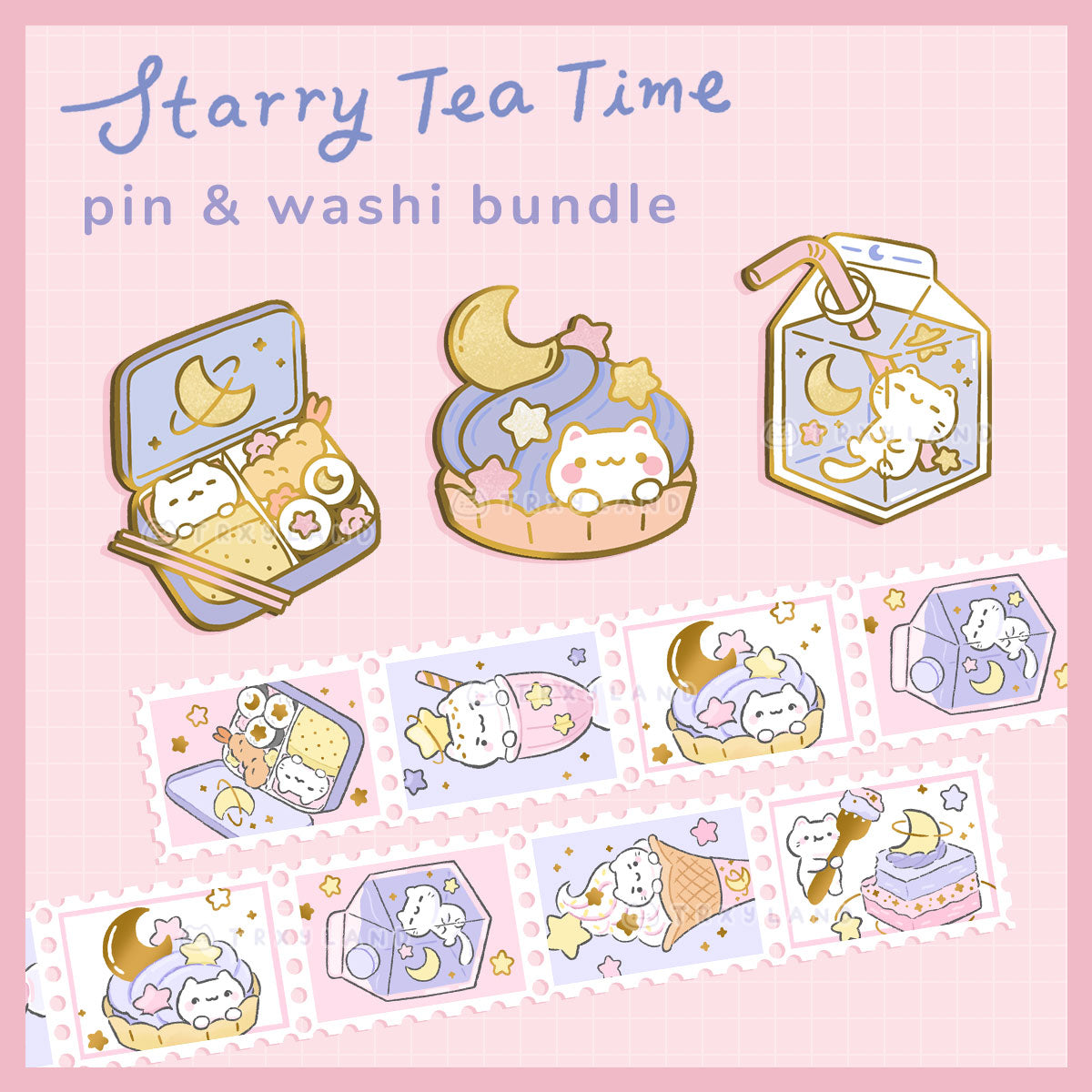 Starry Tea Time Series SUPER Bundle - 3 Enamel Pins + Foil Stamp Washi Tape