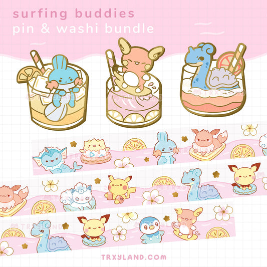Surfing Buddies Series SUPER Bundle - 3 Enamel Pins + Clear Foil Washi